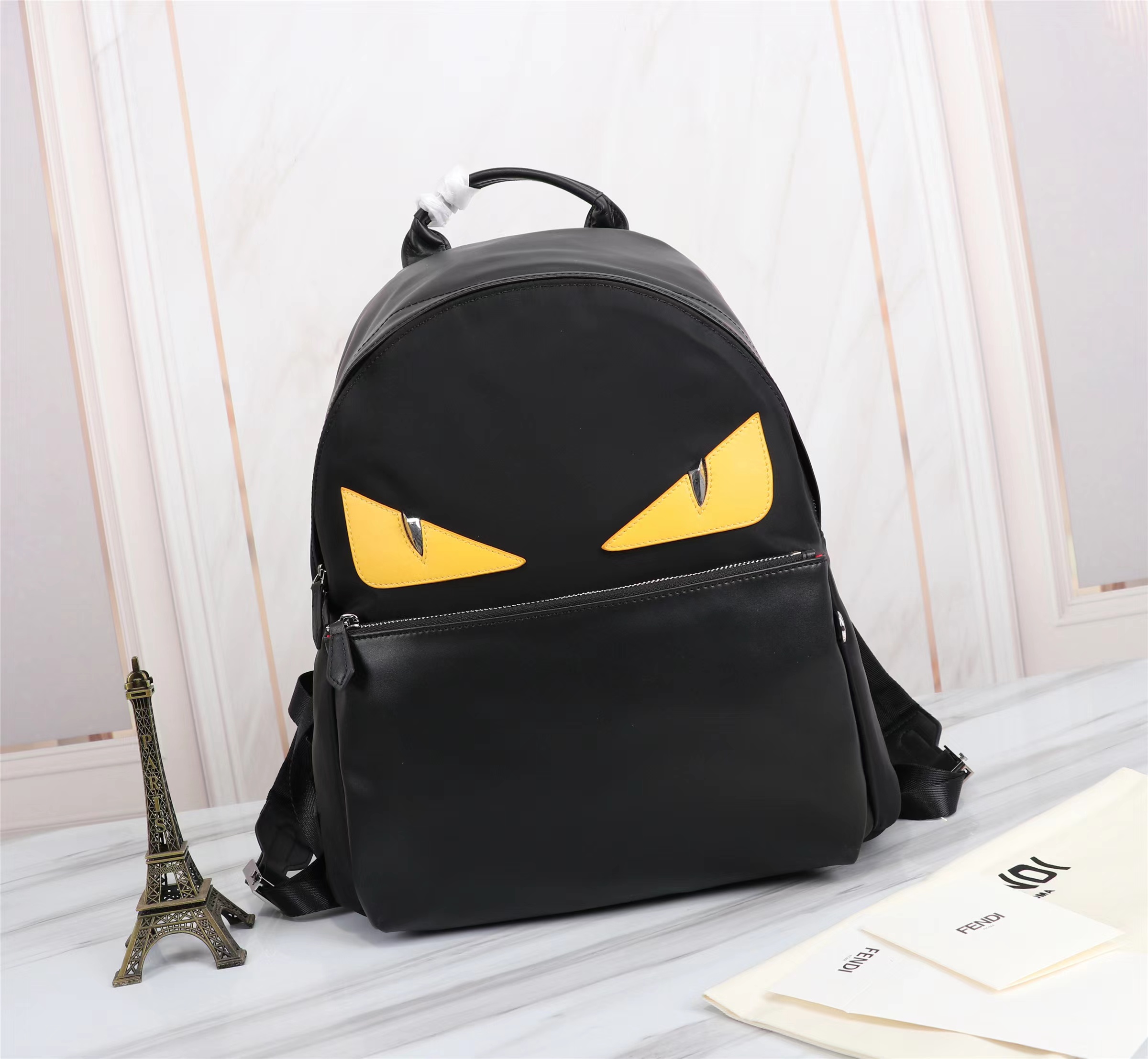 Fendi Bags Backpack Black Yellow Splicing Mesh Cloth Nylon Casual