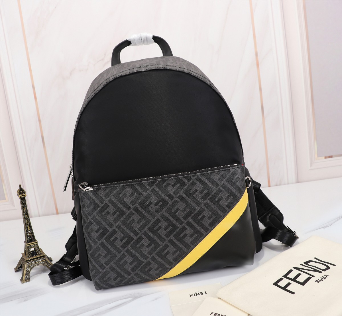 Fendi Bags Backpack Black Yellow Splicing Mesh Cloth Nylon PVC Casual