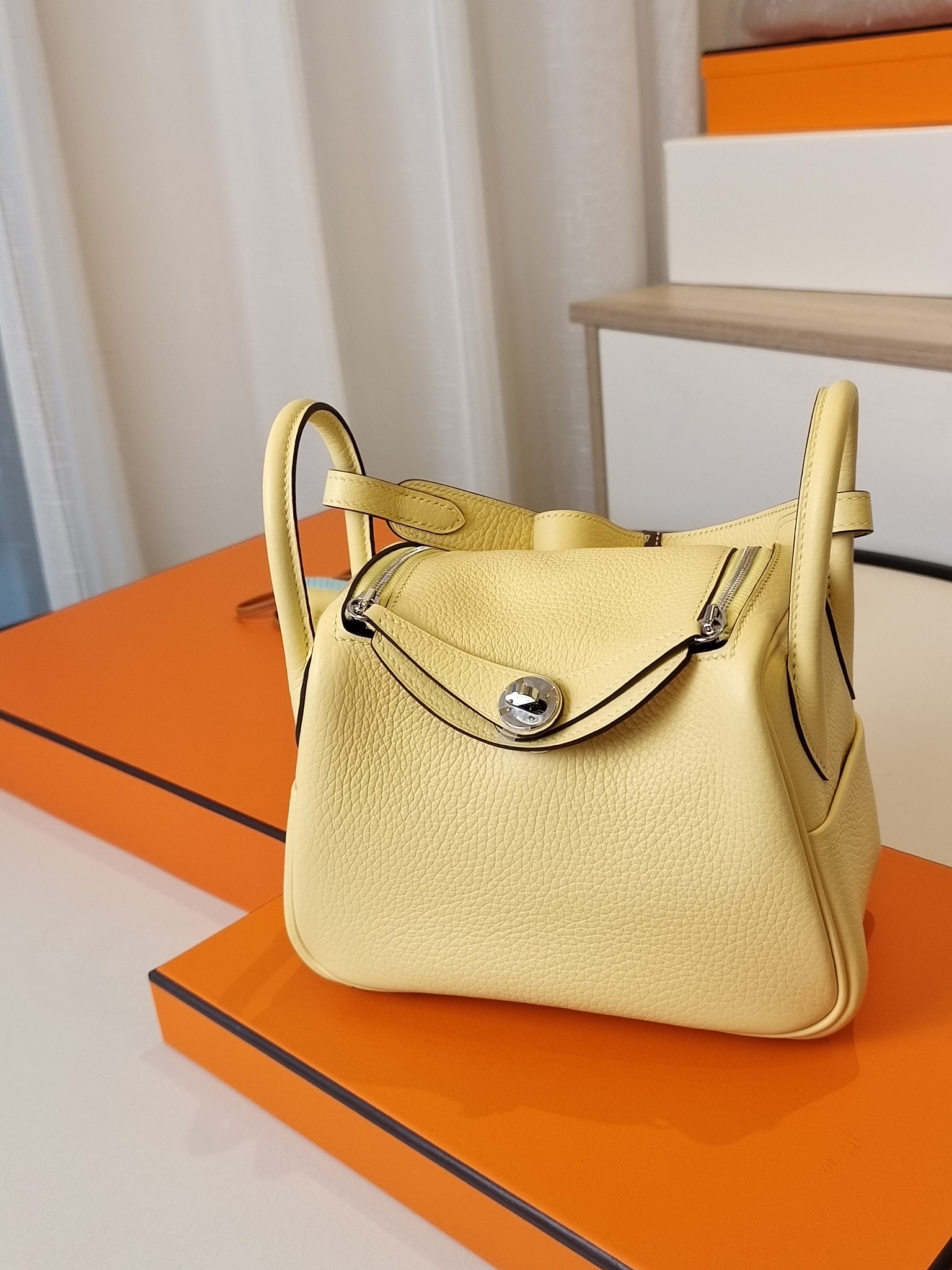 Hermes Lindy Crossbody & Shoulder Bags Light Yellow Sewing Men Mini