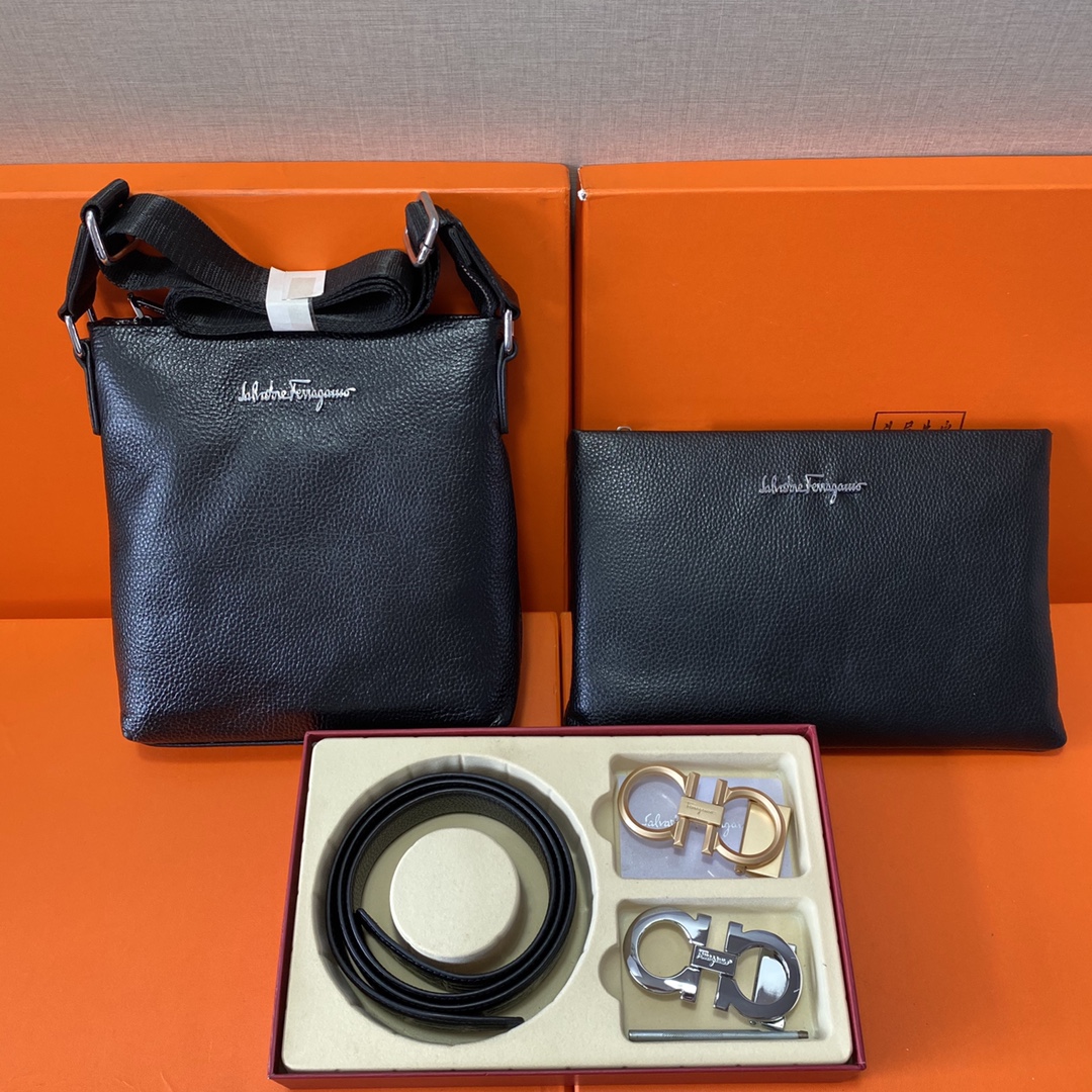 I5 Ferragamo 菲拉格慕  头层皮质组合礼盒包装腰带俩款包包超级组合 公文包包是很实用的选择.手提包日常是非常适合的. 双扣皮带：头层皮质带身搭配3.5cm广州原版扣头 尺寸菲拉格慕公文包：长20cm宽4cm高22cm\r  菲拉格慕手提包：长26cm宽2cm高17cm