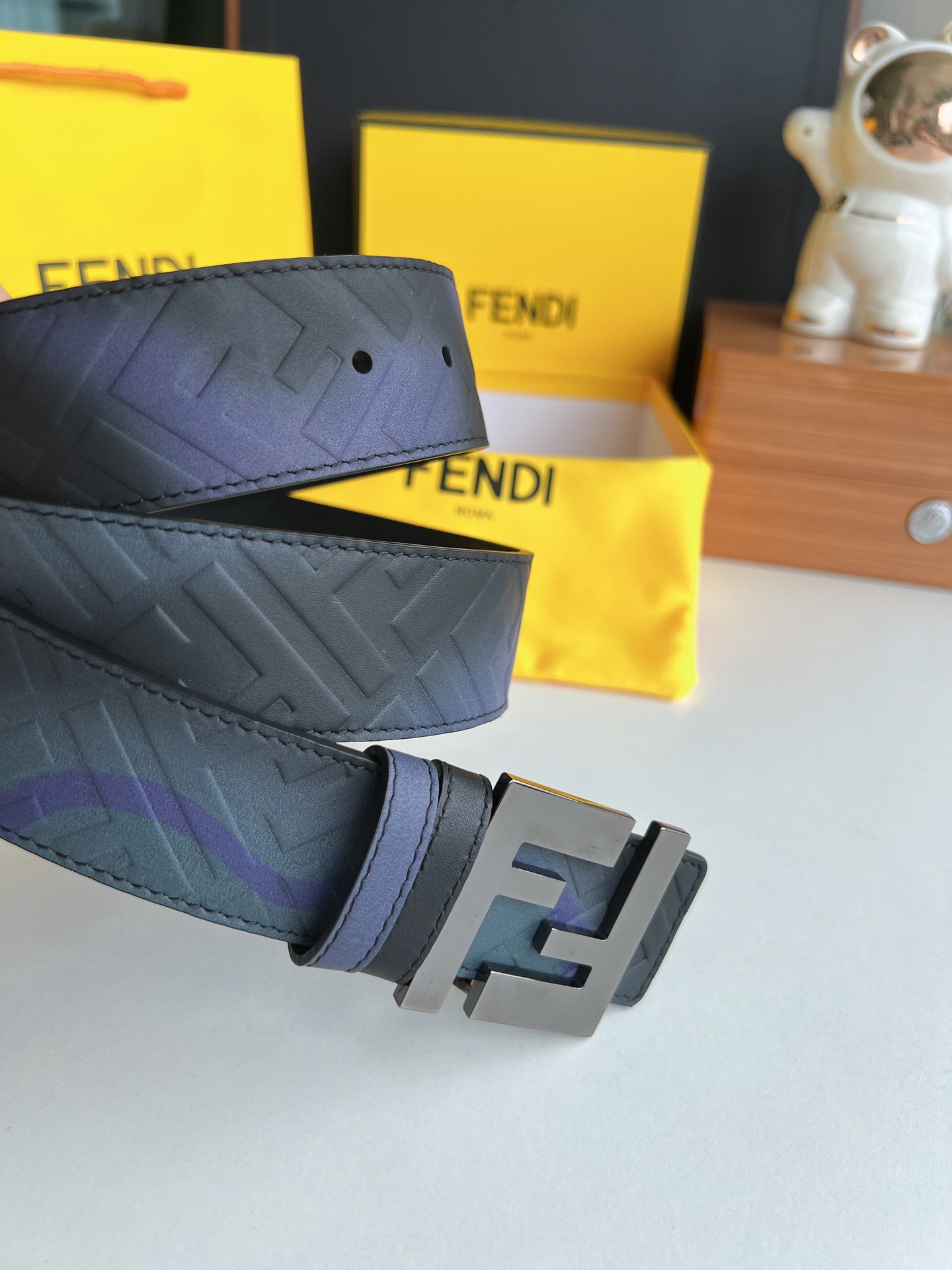 FENDI芬迪   印花深蓝色双FF牛皮腰带4.0cm
