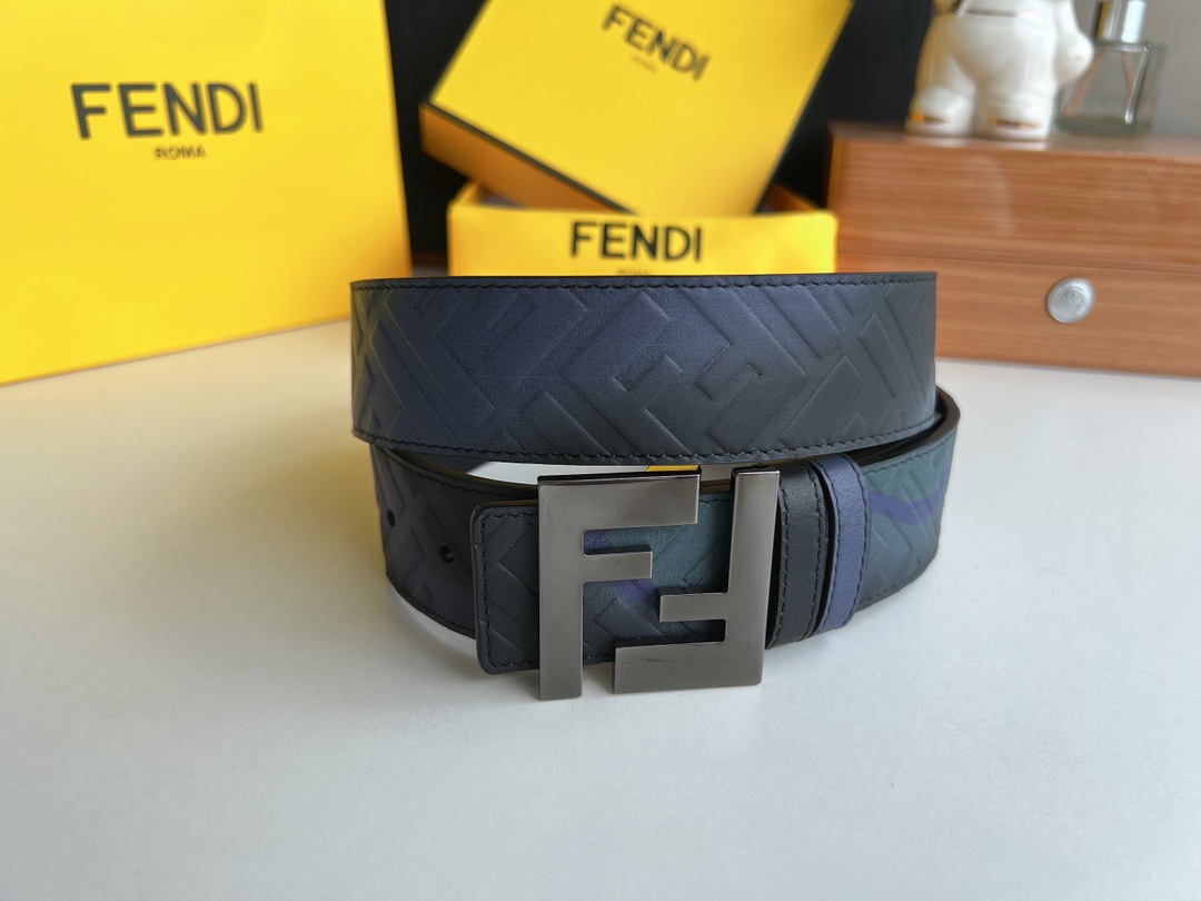 FENDI芬迪   印花深蓝色双FF牛皮腰带4.0cm