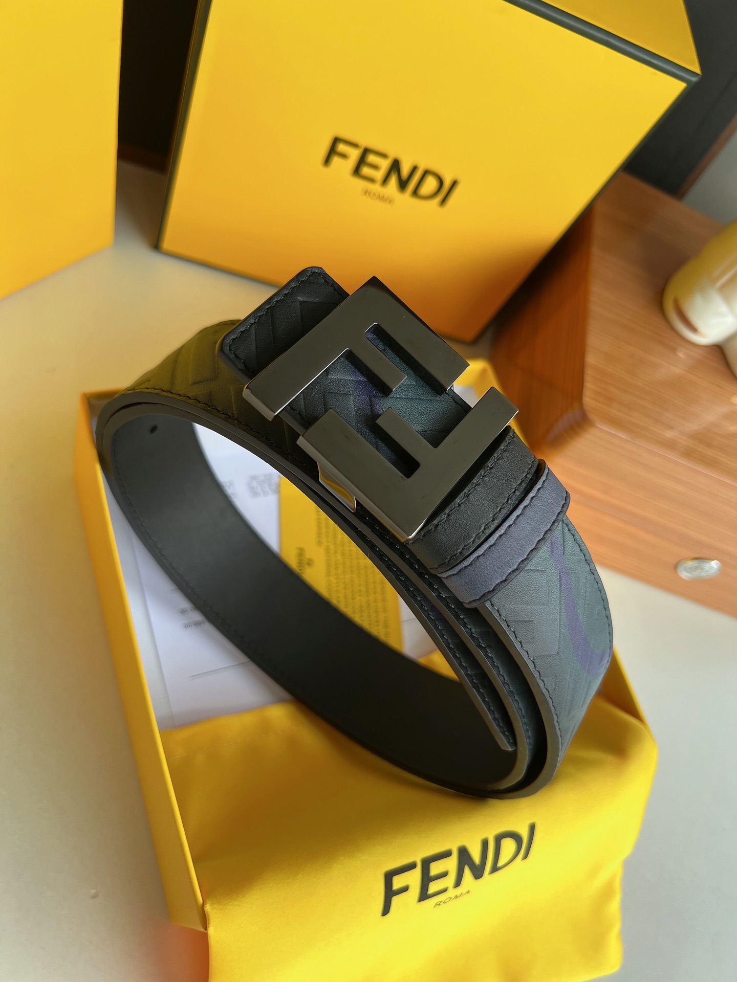 FENDI芬迪   印花深蓝色双FF牛皮腰带4.0cm