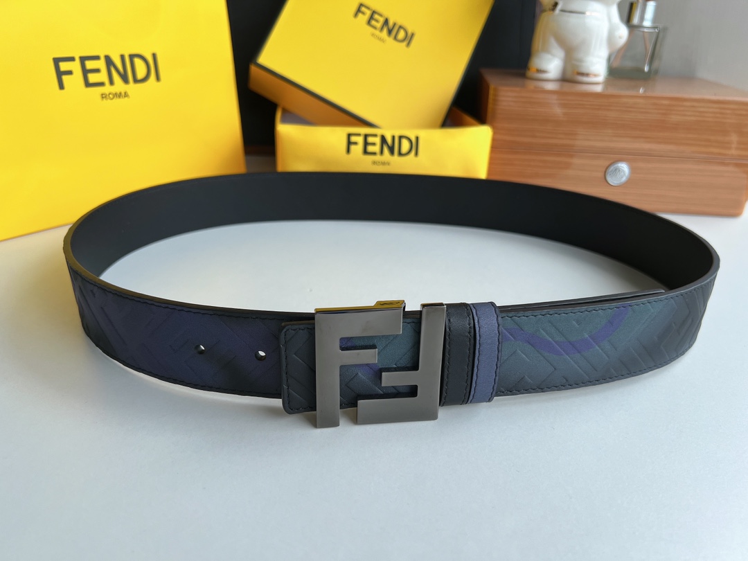 FENDI芬迪   印花深蓝色双FF牛皮腰带4.0cm