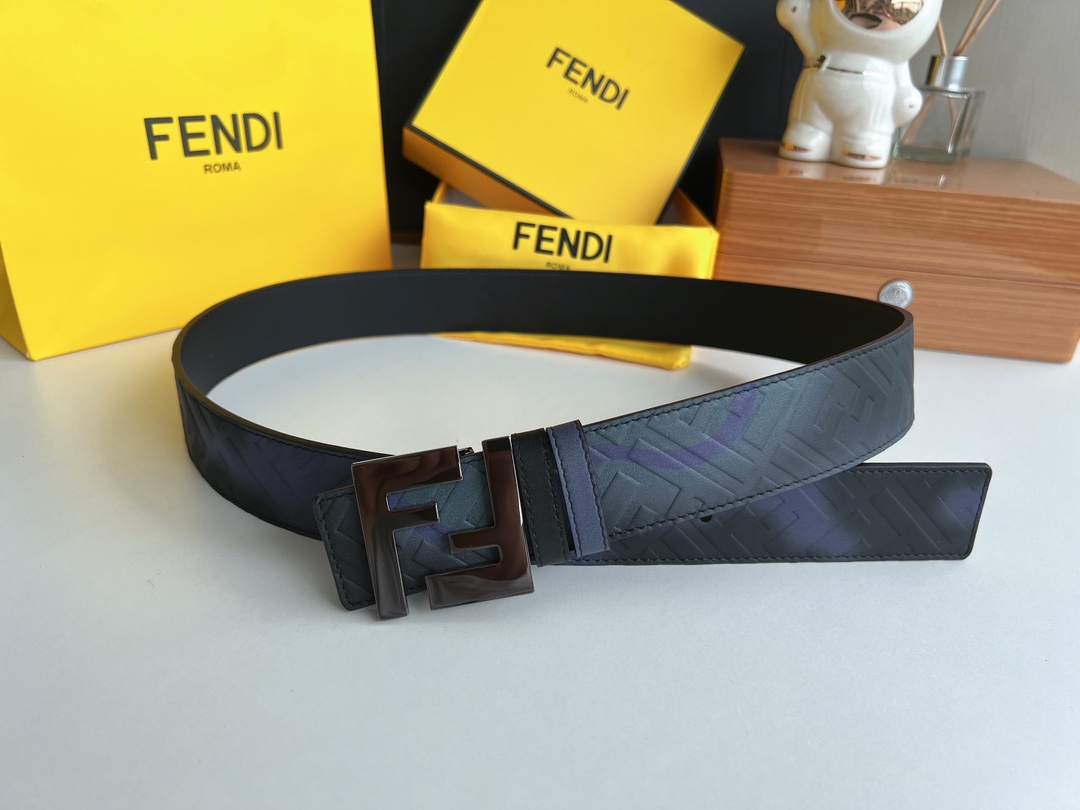 FENDI芬迪   印花深蓝色双FF牛皮腰带4.0cm