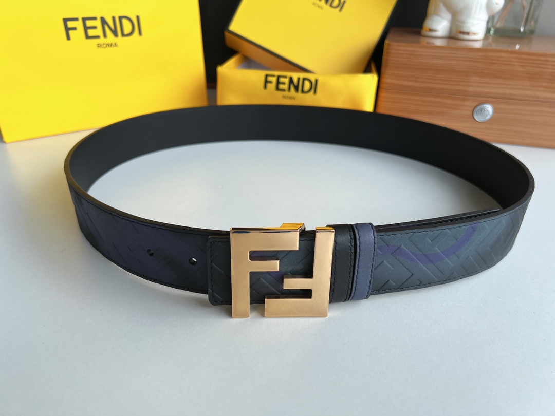 FENDI芬迪   印花深蓝色双FF牛皮腰带4.0cm