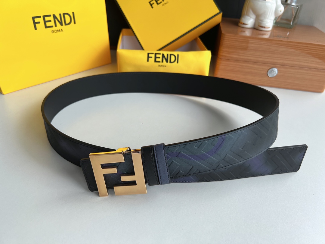 FENDI芬迪   印花深蓝色双FF牛皮腰带4.0cm