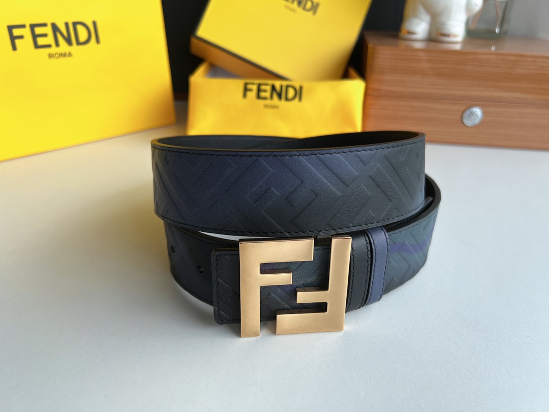 FENDI芬迪   印花深蓝色双FF牛皮腰带4.0cm