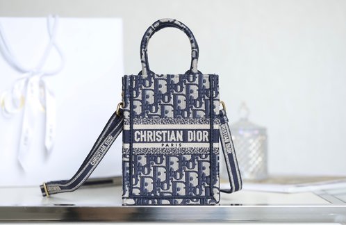 Dior Book Tote Tote Bags Blue Embroidery Oblique Mini
