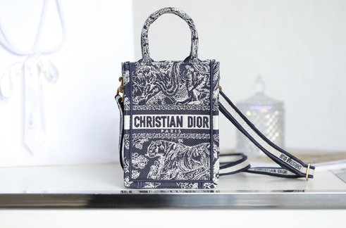 Dior Book Tote Tote Bags Blue Embroidery Oblique Mini