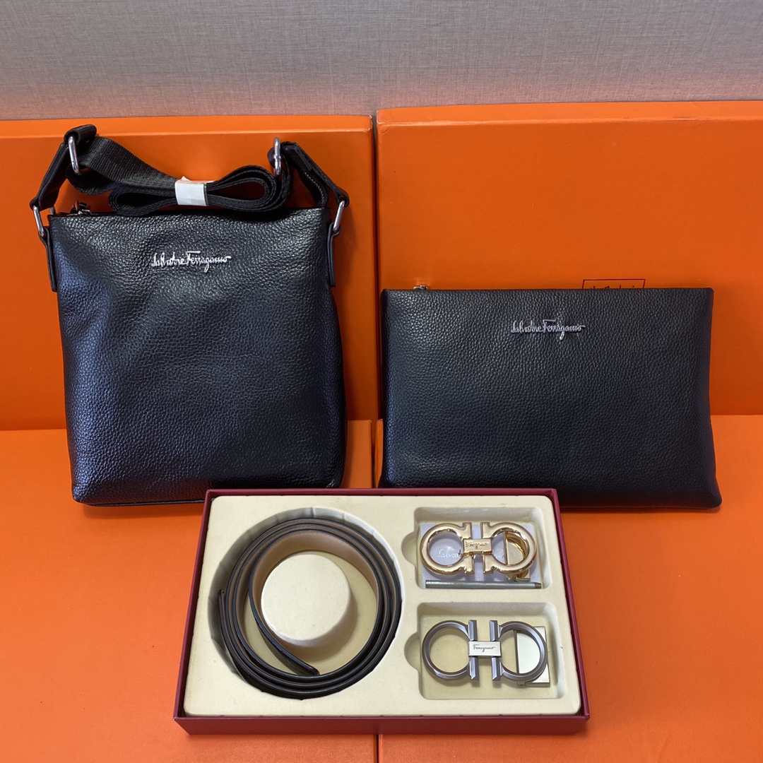 I5 Ferragamo 菲拉格慕  头层皮质组合礼盒包装腰带俩款包包超级组合 公文包包是很实用的选择.手提包日常是非常适合的. 双扣皮带：头层皮质带身搭配3.5cm广州原版扣头 尺寸菲拉格慕斜挎包：长20cm宽4cm高22cm\r  菲拉格慕手提包：长26cm宽2cm高17cm