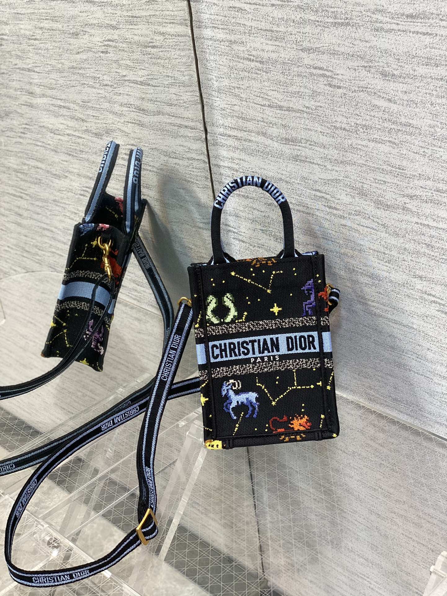DIOR Vertical Mini Tote Bag Embroidered Letters Adjustable Strap