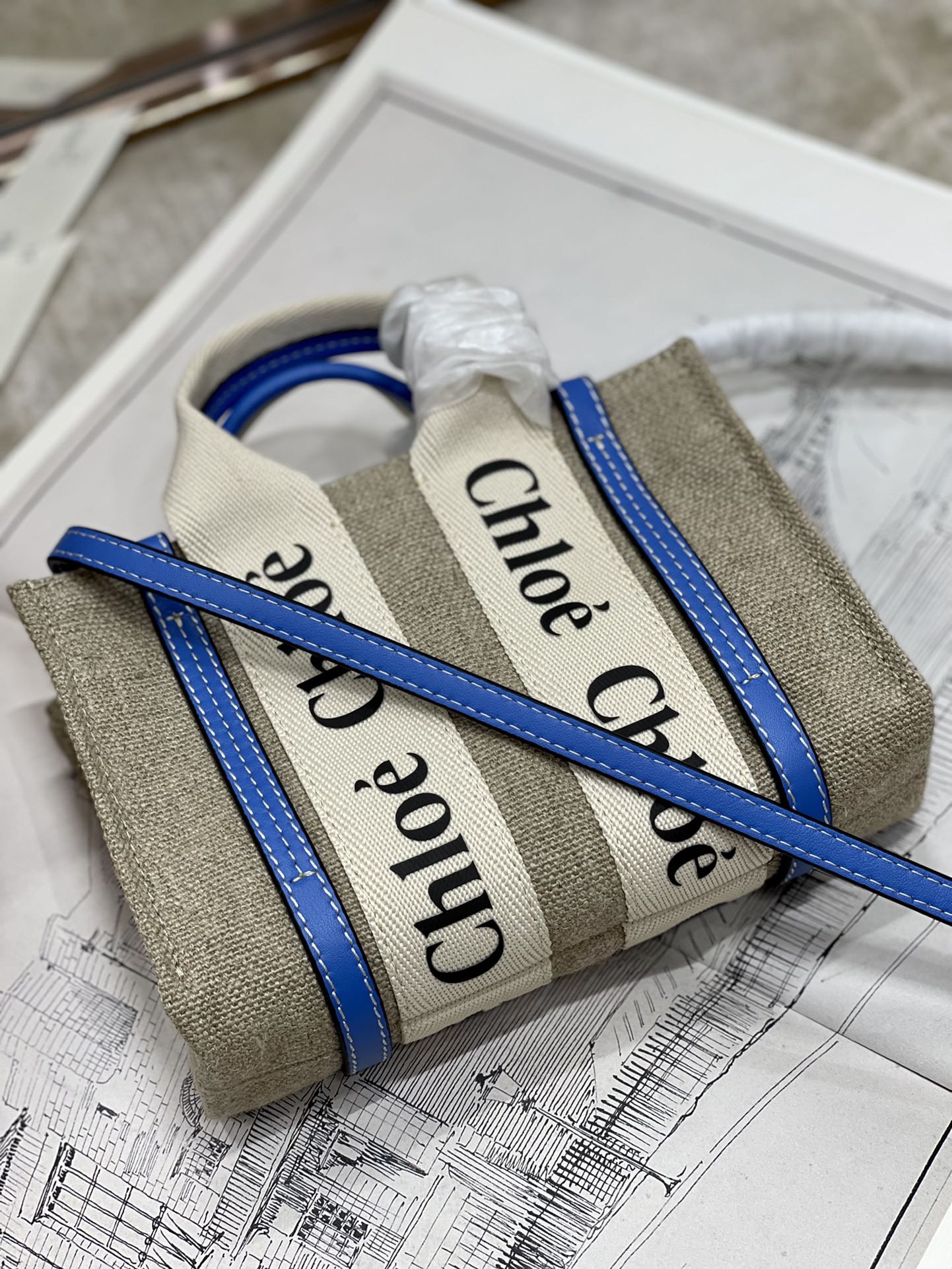 Chloé Woody Mini Tote Bag Linen Canvas with Leather Strap, Sky Blue 7 i1658300540 1551 5