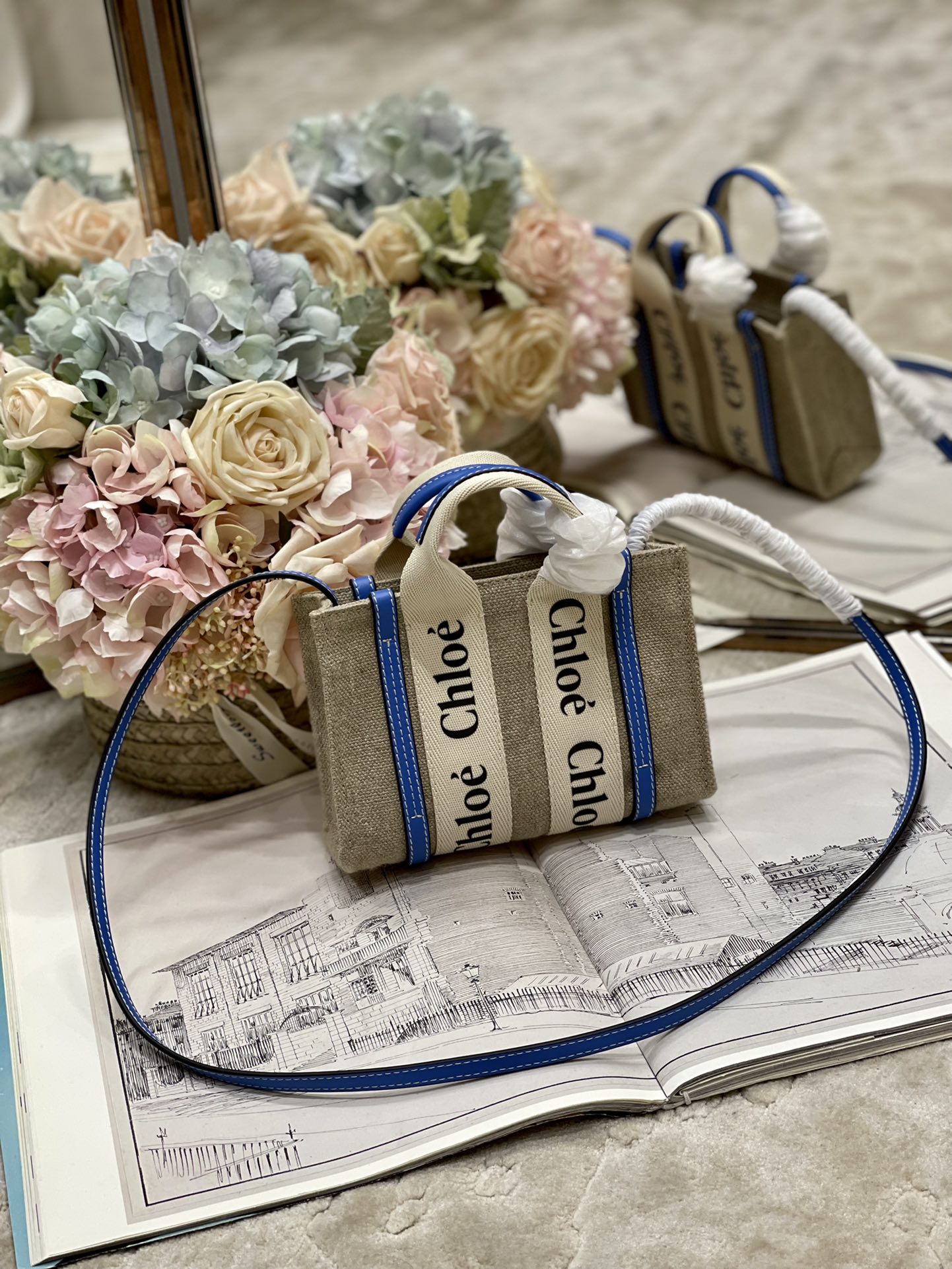 Chloé Woody Mini Tote Bag Linen Canvas with Leather Strap, Sky Blue 3 i1658300540 2293 1