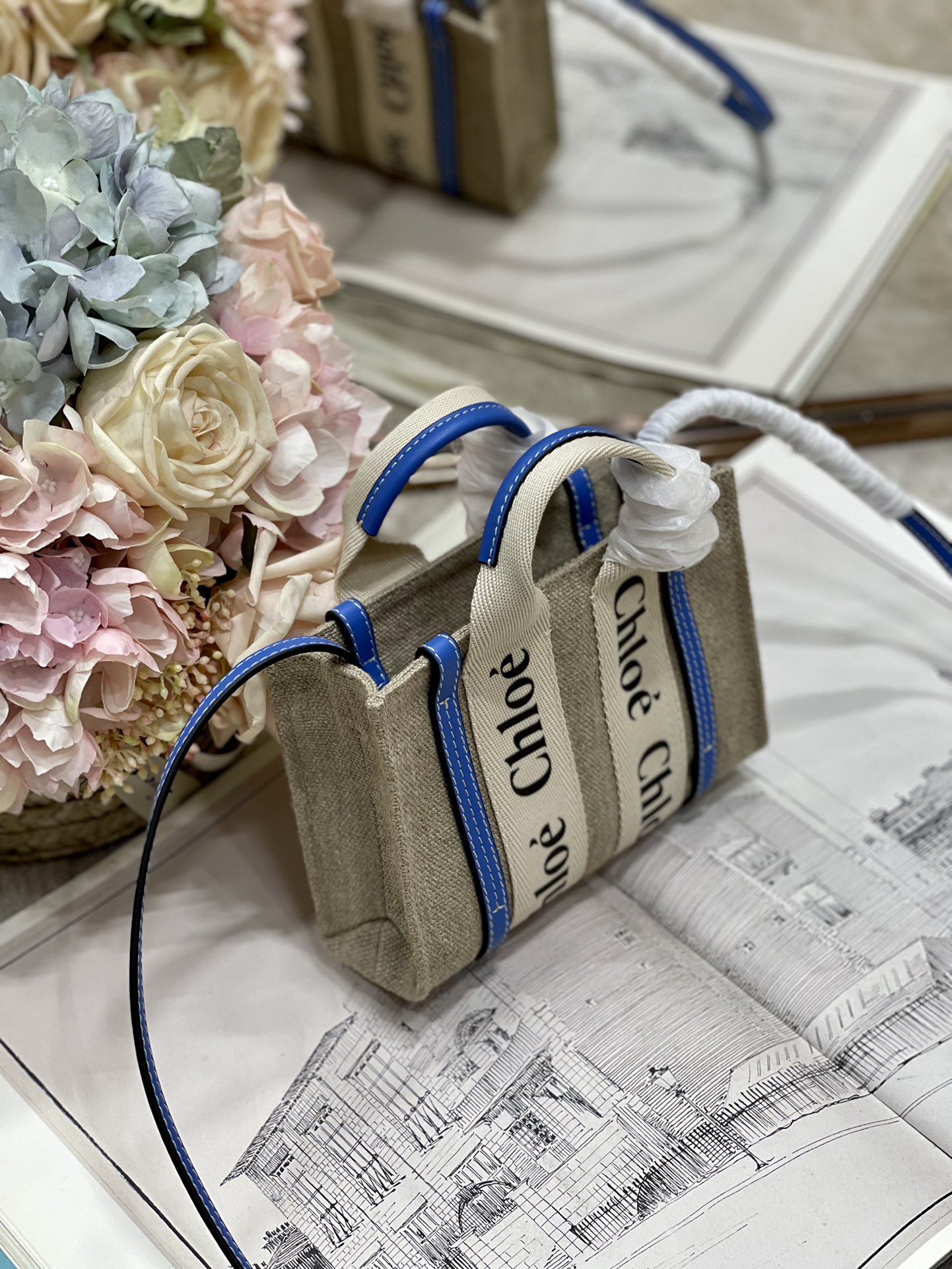 Chloé Woody Mini Tote Bag Linen Canvas with Leather Strap, Sky Blue 6 i1658300540 6288 4
