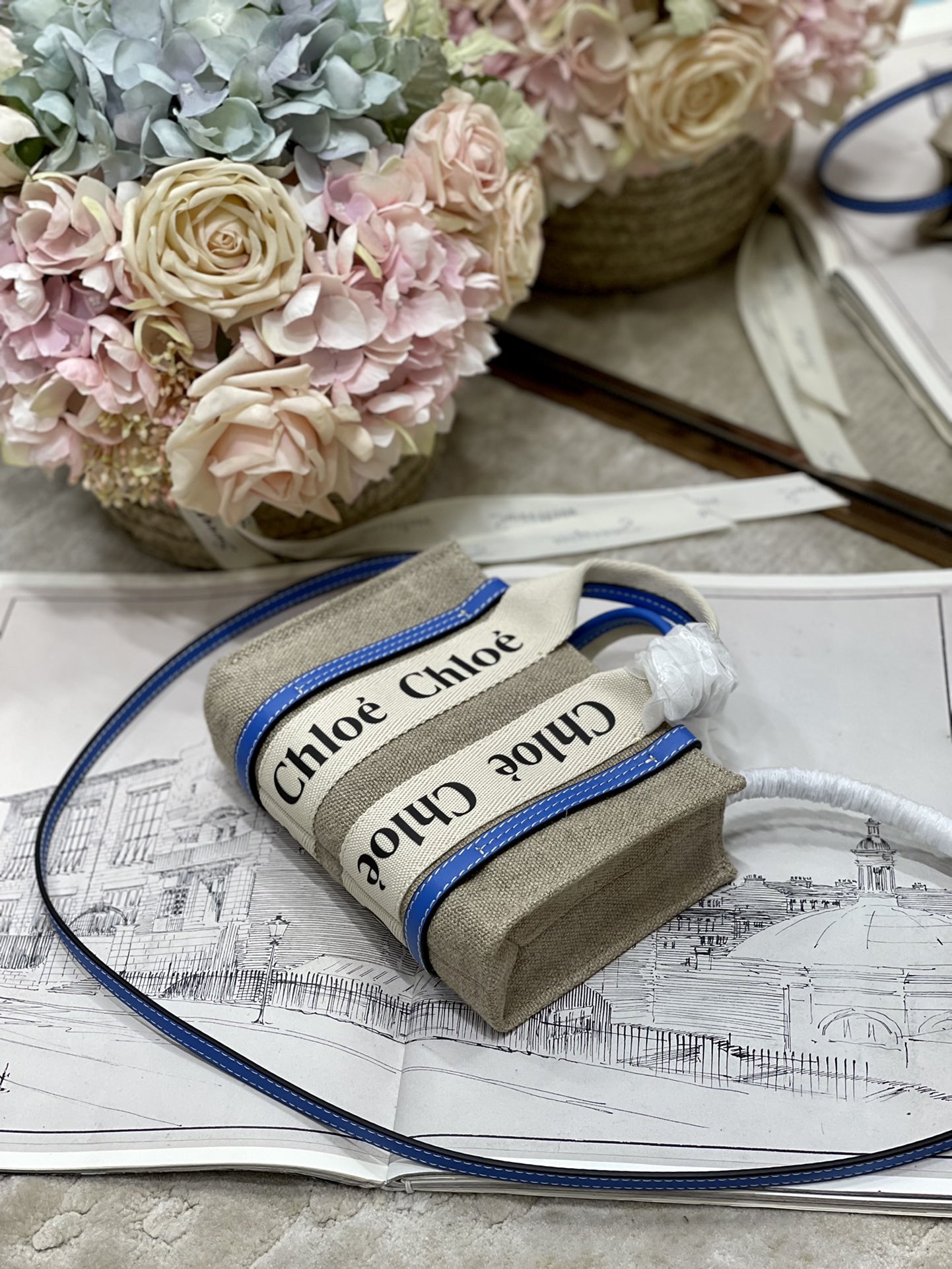 Chloé Woody Mini Tote Bag Linen Canvas with Leather Strap, Sky Blue 5 i1658300540 7681 3