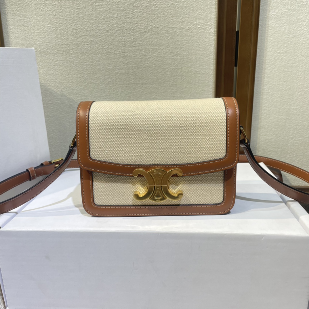 Celine Handbags Crossbody & Shoulder Bags Gold Calfskin Canvas Cowhide Triomphe MFT4365263