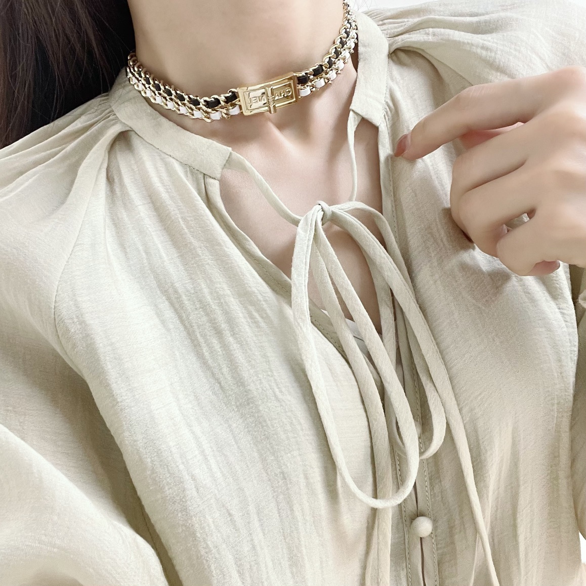 新款☑️CHANEL香奈儿双c黑皮绳锁头颈链项链choker