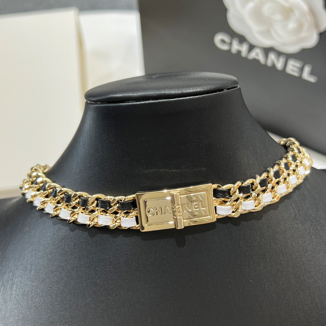 新款☑️CHANEL香奈儿双c黑皮绳锁头颈链项链choker