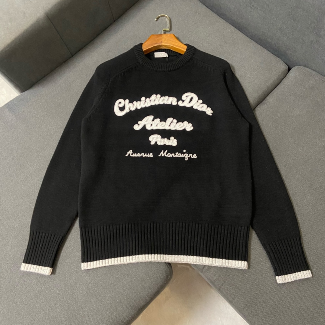 Dior Clothing Knit Sweater Sweatshirts Black Green Embroidery Unisex Knitting Wool Fall/Winter Collection Casual