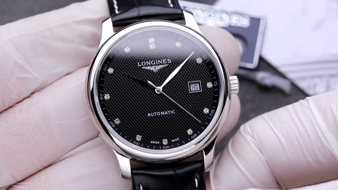 Longines Herenhorloge met Diamanten Accenten en Zwarte Lederen Band - Automatisch