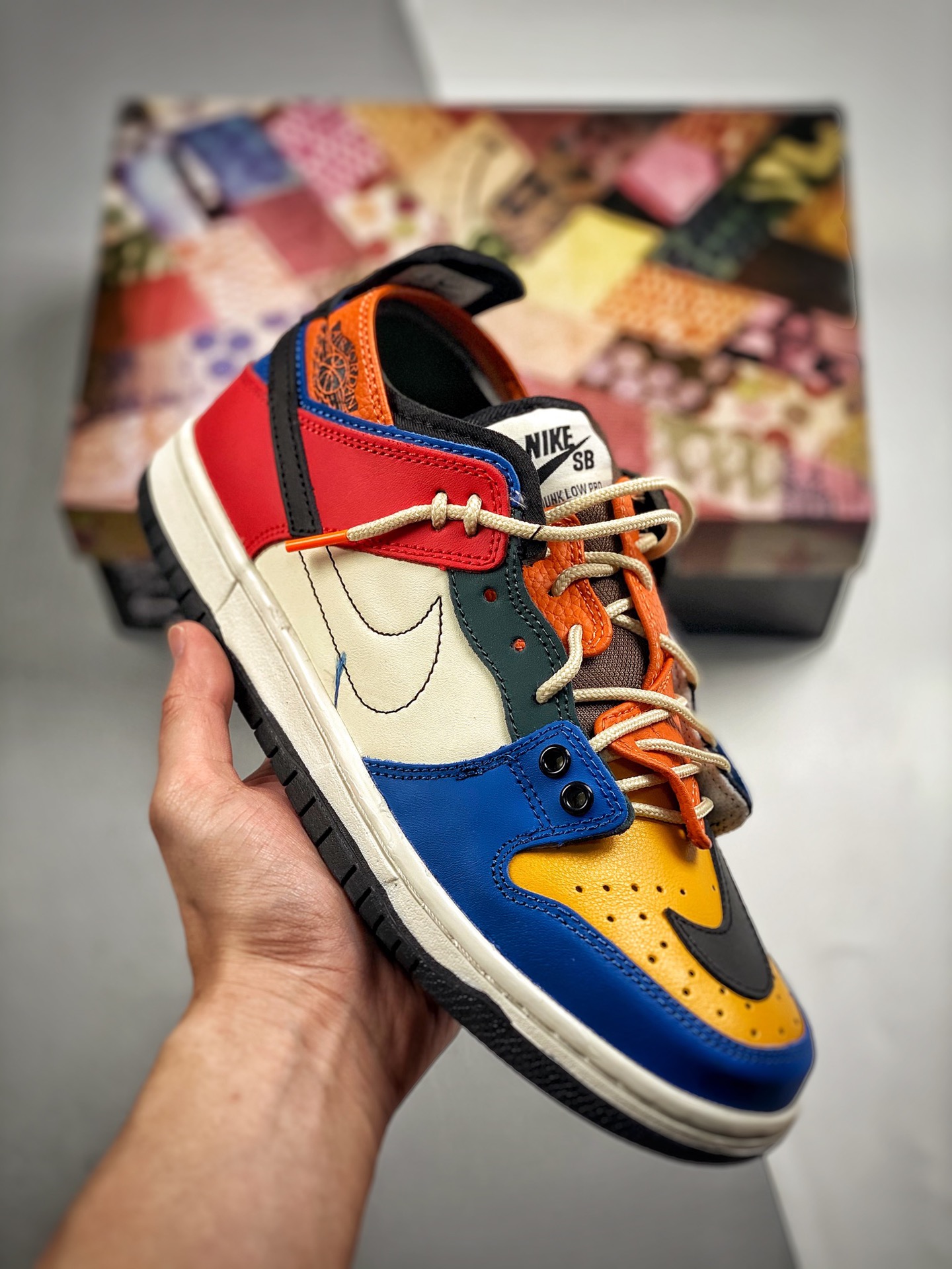 -2 NK Dunk SB 巴黎时装周走秀款 联手EJDER 主理人打造这次的设计理念以橙色和蓝色为主，裁片以及套袜式的鞋面呈现。鞋身的钩子和以往的风格有一个质的改变，花样式的鞋带以及穿搭玩法，给玩鞋爱好者提供新花式。据小道消息，周董花重…
