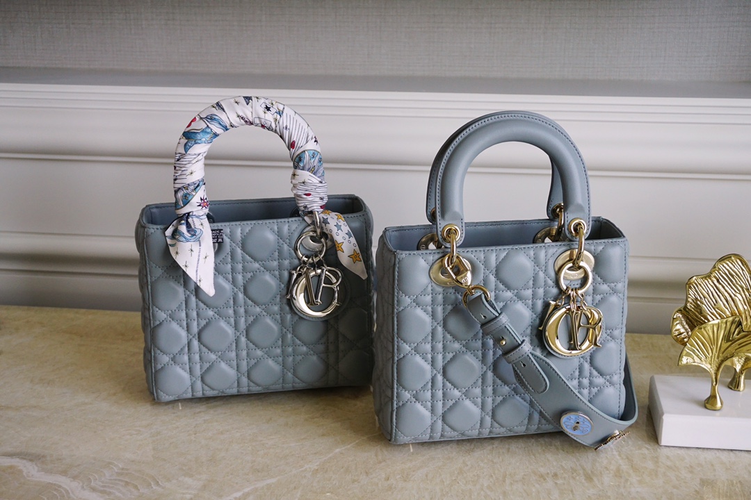 Dior Lady Handbags Crossbody & Shoulder Bags Grey Gold Hardware Sheepskin