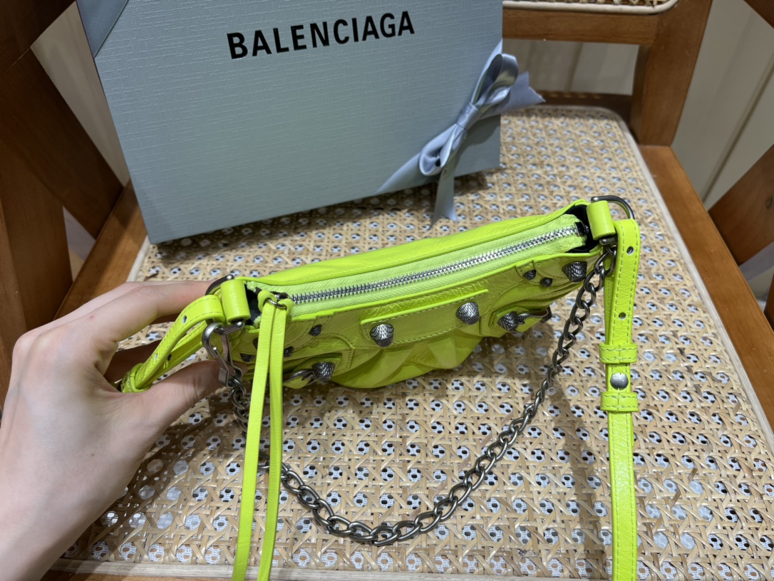 Balenciaga Le Cagole Mini 20CM 荧光黄平纹月牙包 695814