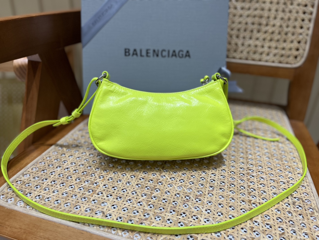 Balenciaga Le Cagole Mini 20CM 荧光黄平纹月牙包 695814