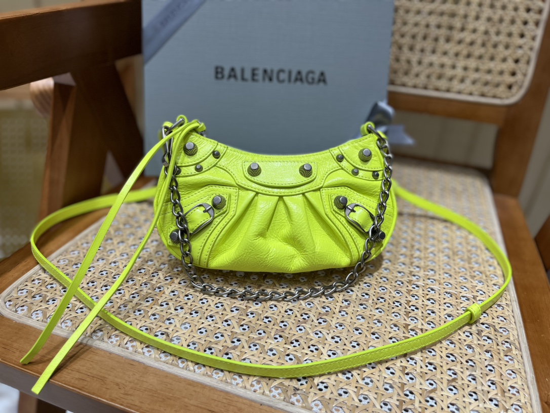 Balenciaga Le Cagole Mini 20CM 荧光黄平纹月牙包 695814