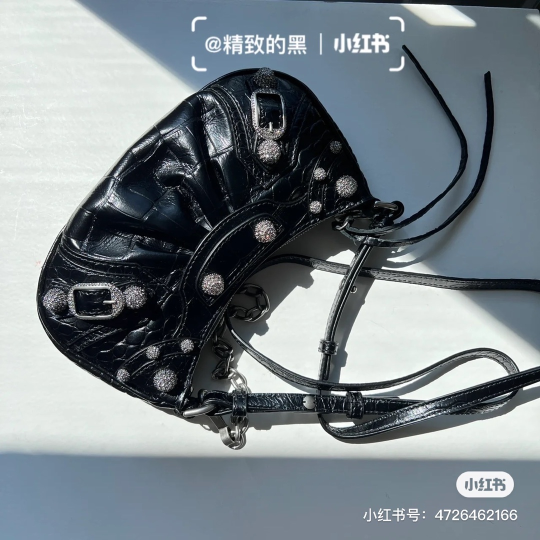 Balenciaga Le Cagole Mini 20CM 黑色鳄鱼纹月牙包 695814