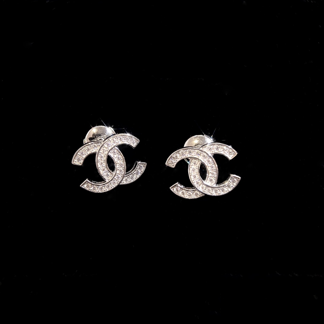 CHANEL Earrings Double C White Gold Diamond Studded 3D