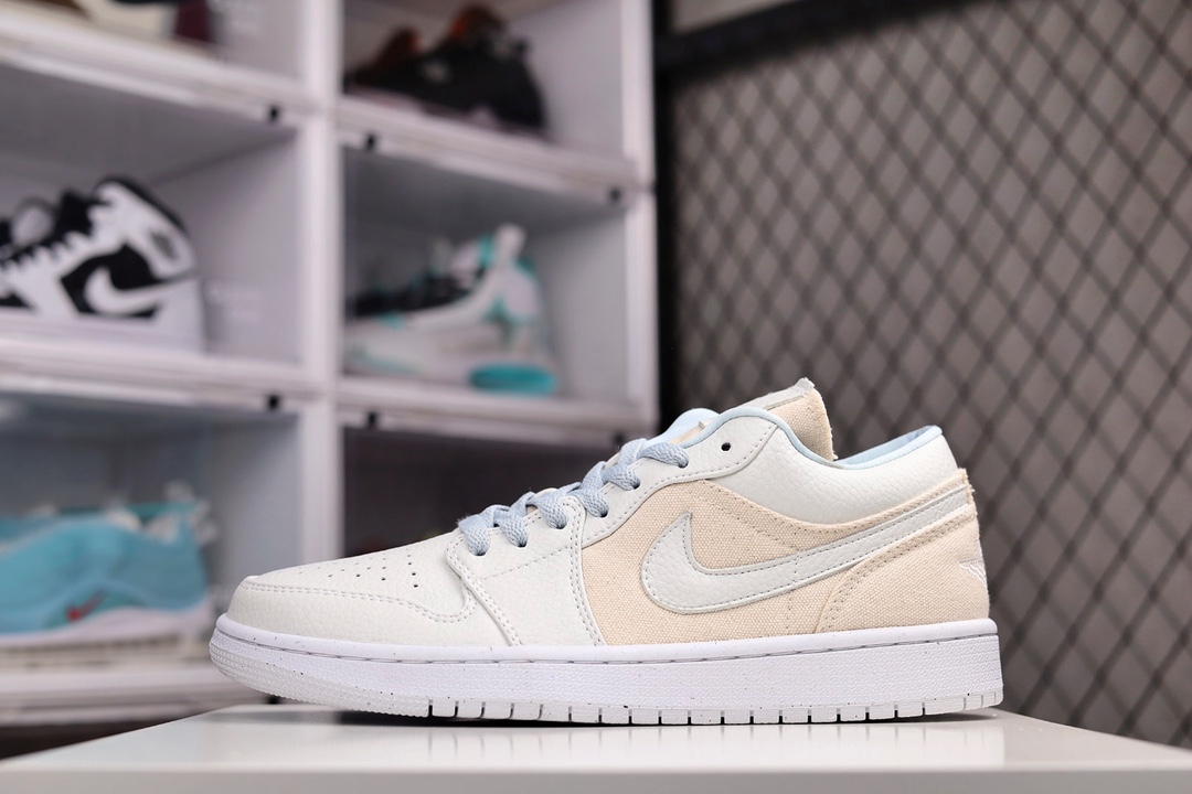 H0 公司级 Nike Air Jordan 1 Low”Canvas”AJ1低帮乔丹一代低帮经典复古文化休闲运动篮球鞋“拼接灰蓝白帆布”采用软质荔枝纹头层皮组合牛培皮革鞋面材质中底注胶孔内置真Sole气垫