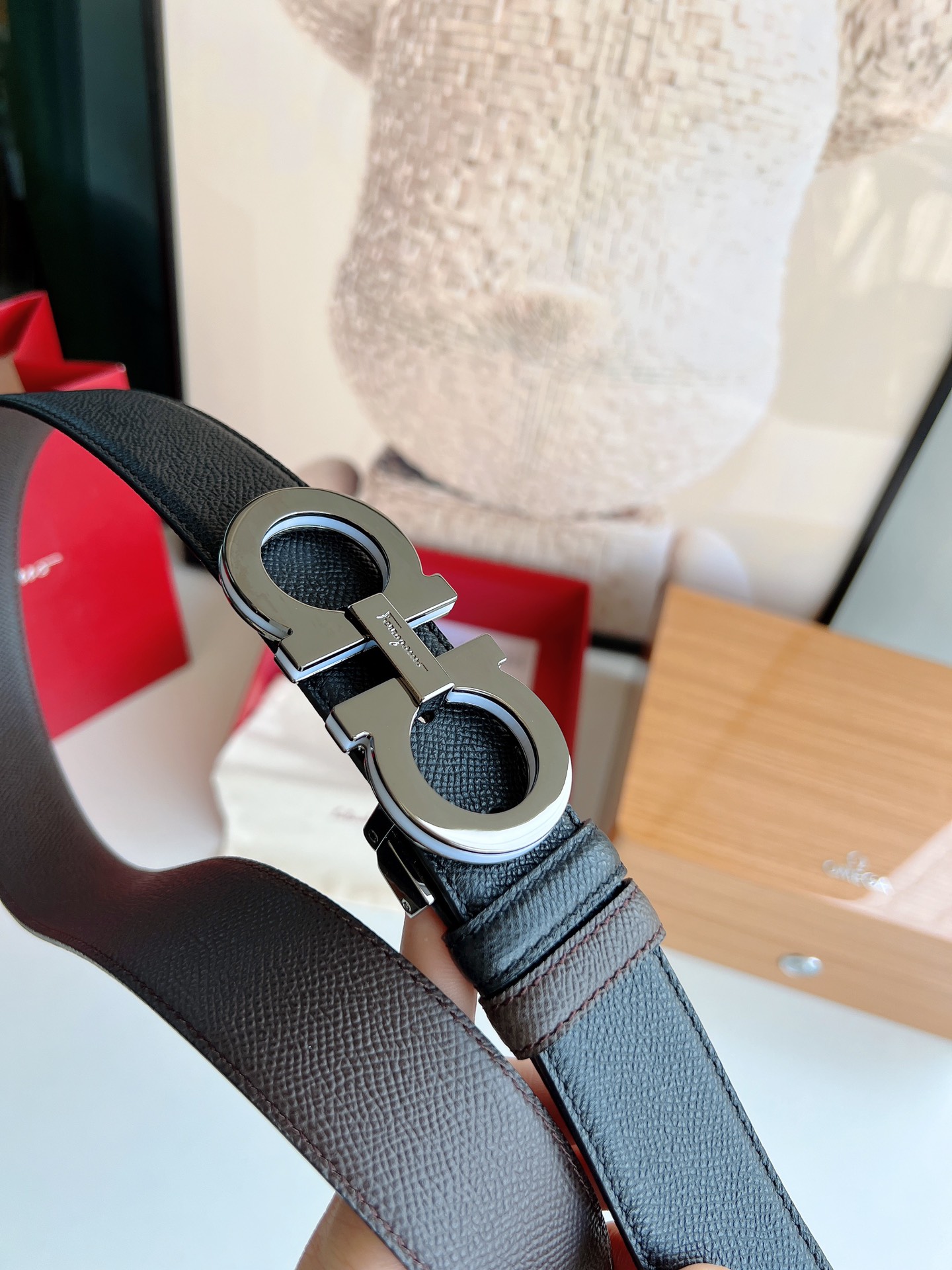 Ferragamo菲拉格慕   经典黑色咖啡三层夹心的金属扣男士3.5cm腰带