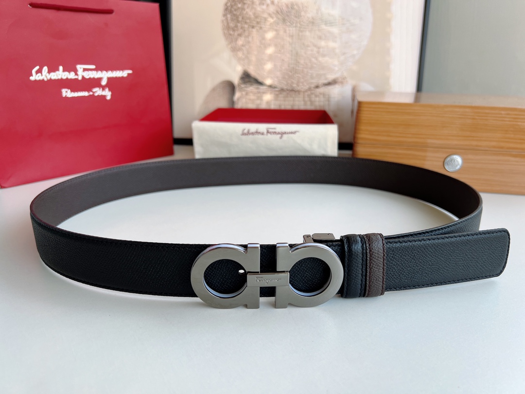 Ferragamo菲拉格慕   经典黑色咖啡三层夹心的金属扣男士3.5cm腰带