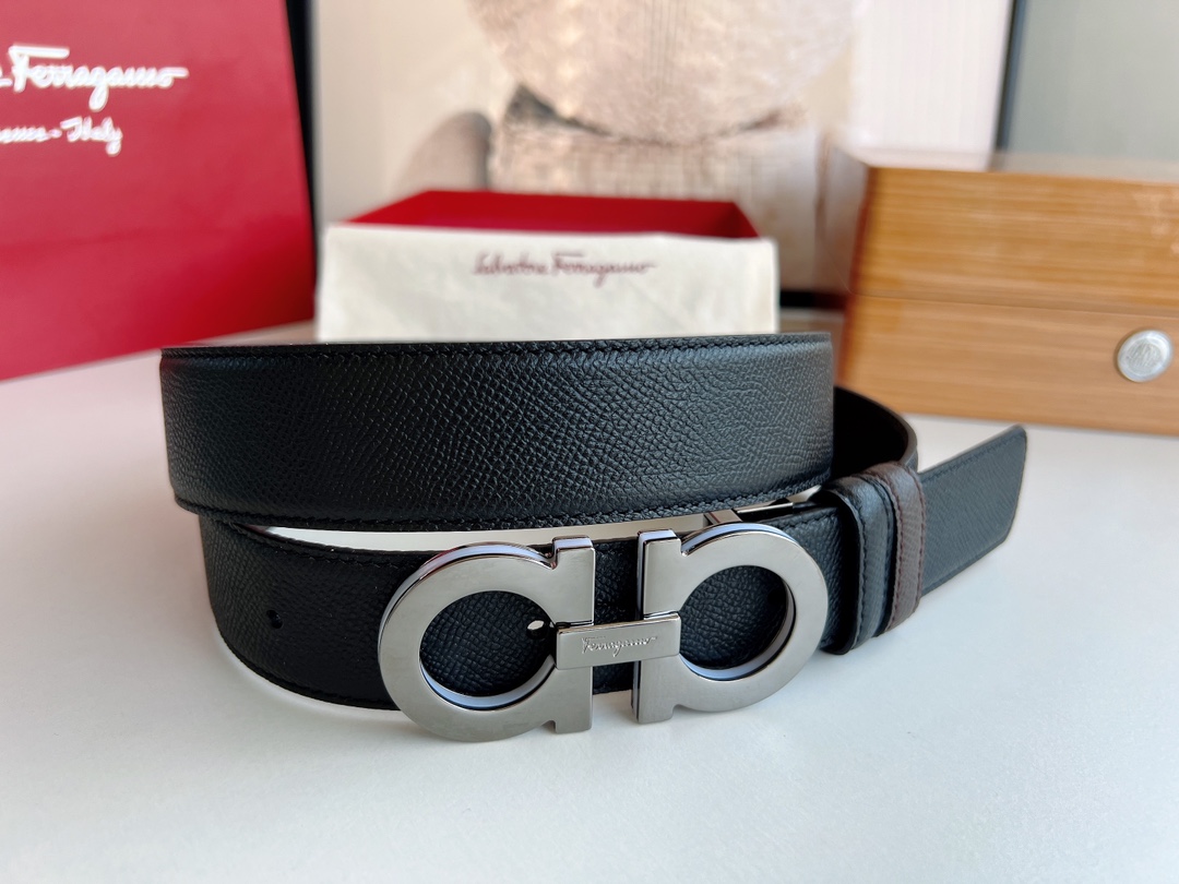 Ferragamo菲拉格慕   经典黑色咖啡三层夹心的金属扣男士3.5cm腰带