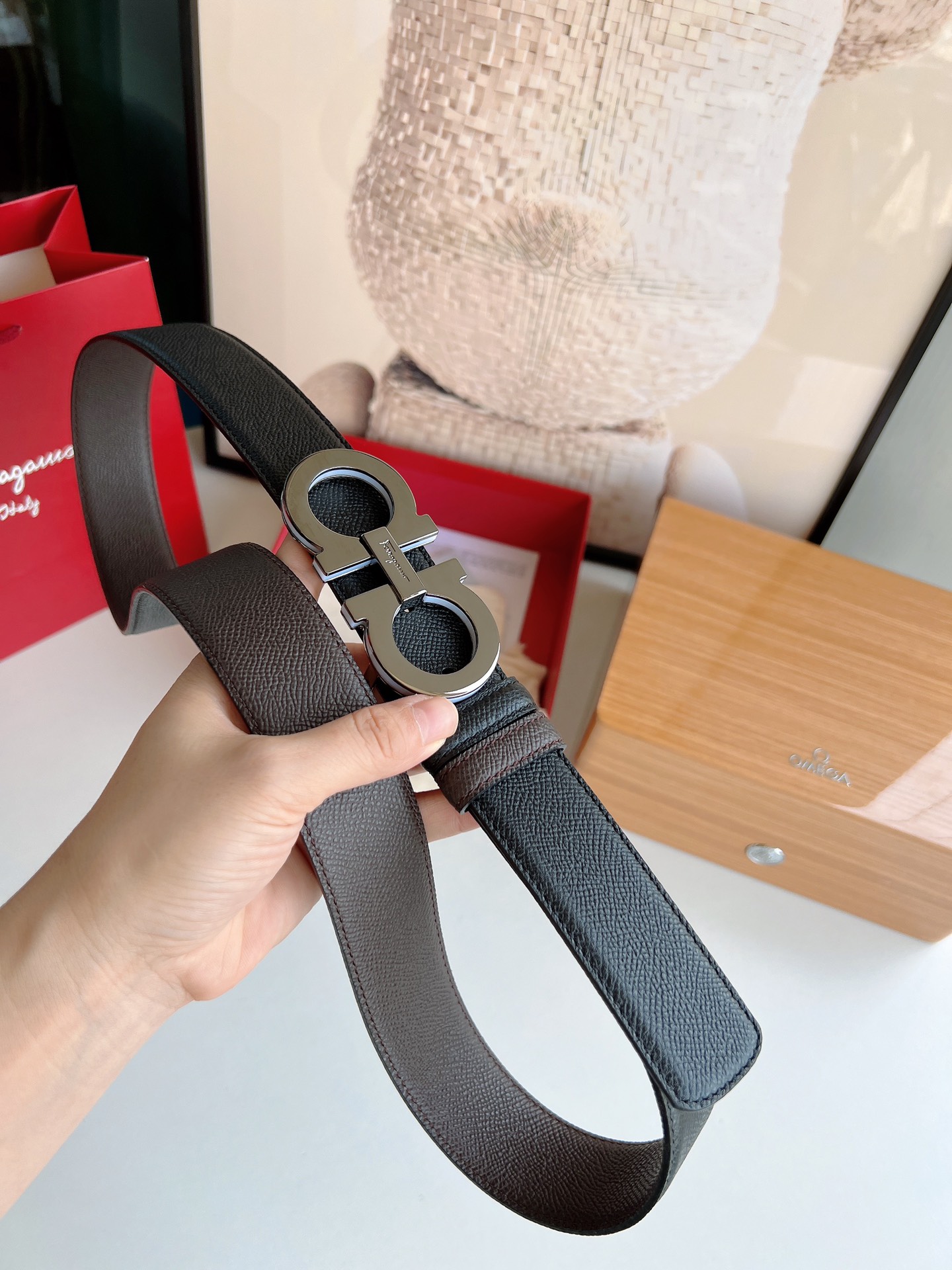 Ferragamo菲拉格慕   经典黑色咖啡三层夹心的金属扣男士3.5cm腰带