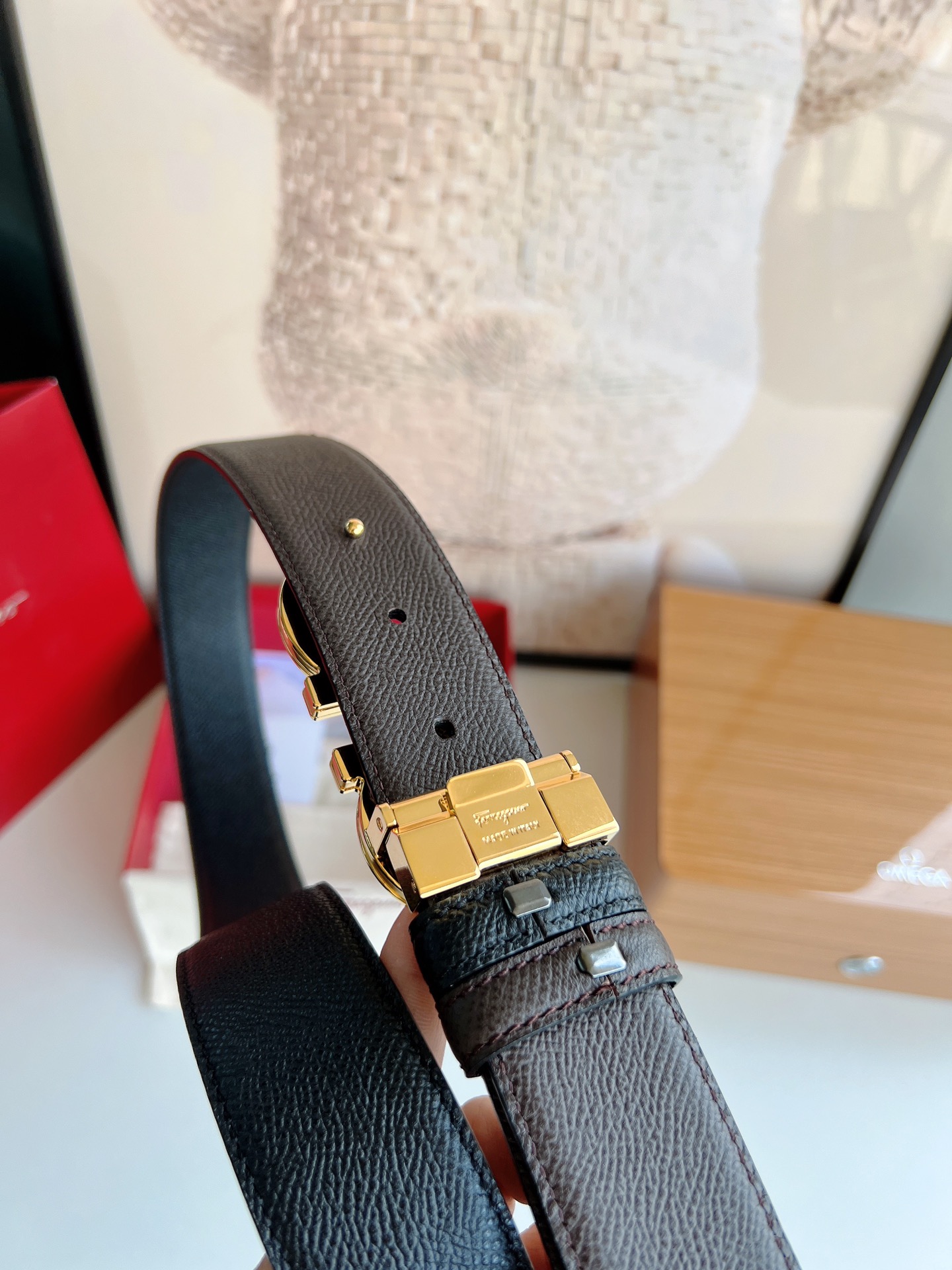 Ferragamo菲拉格慕   经典黑色咖啡三层夹心的金属扣男士3.5cm腰带