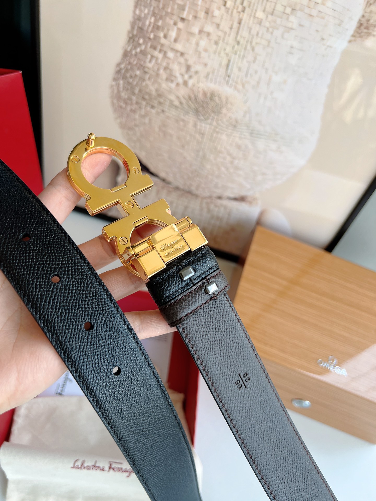 Ferragamo菲拉格慕   经典黑色咖啡三层夹心的金属扣男士3.5cm腰带