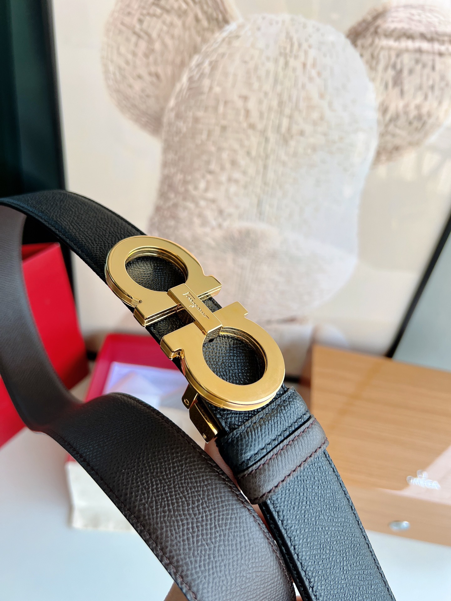 Ferragamo菲拉格慕   经典黑色咖啡三层夹心的金属扣男士3.5cm腰带