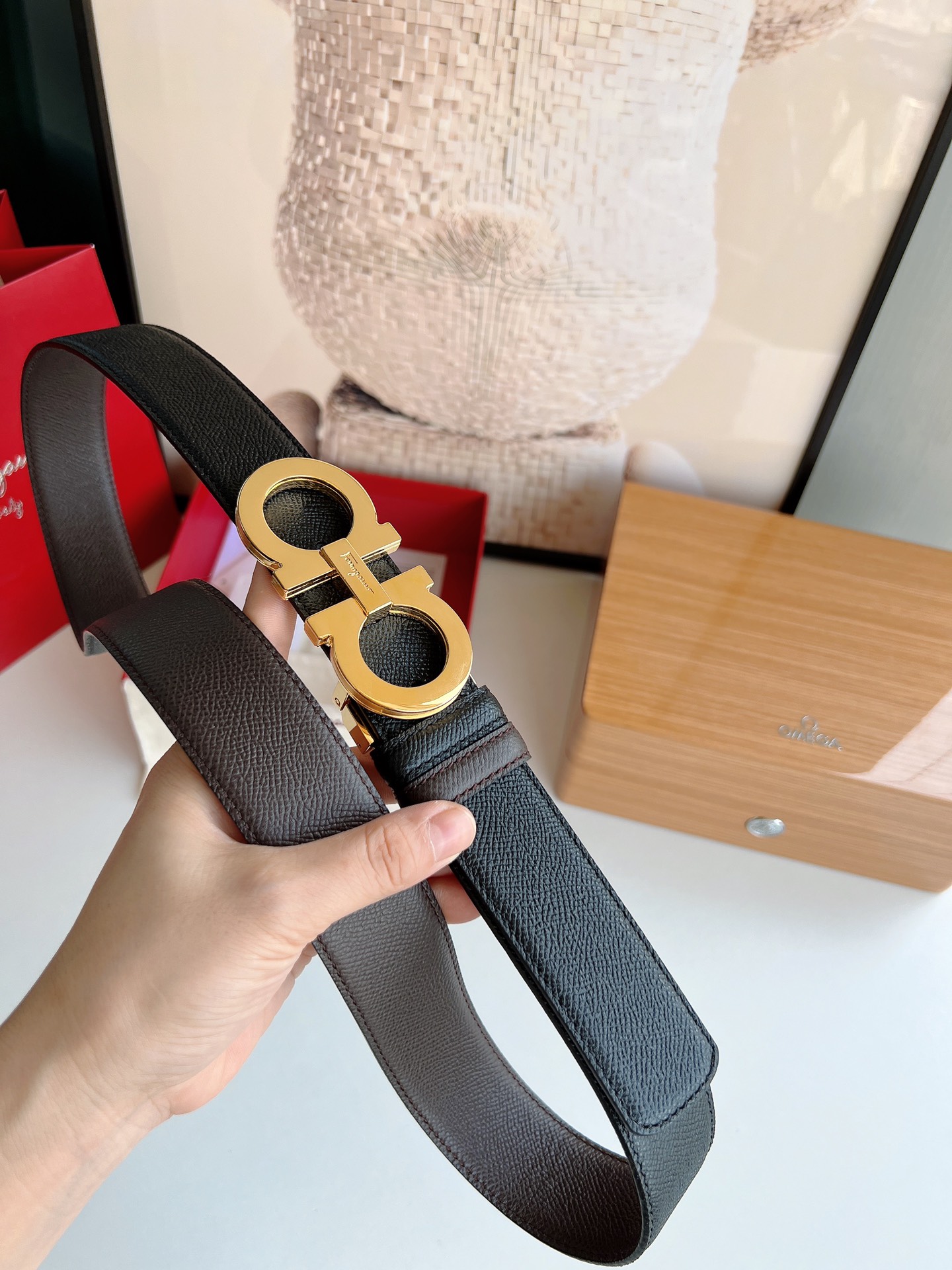 Ferragamo菲拉格慕   经典黑色咖啡三层夹心的金属扣男士3.5cm腰带