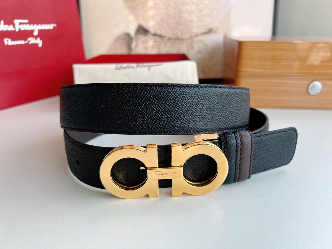 Ferragamo菲拉格慕   经典黑色咖啡三层夹心的金属扣男士3.5cm腰带