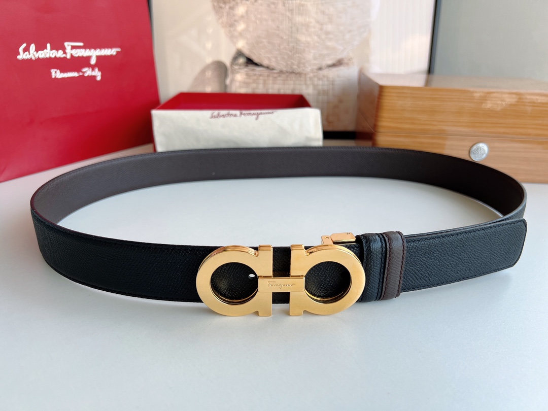 Ferragamo菲拉格慕   经典黑色咖啡三层夹心的金属扣男士3.5cm腰带