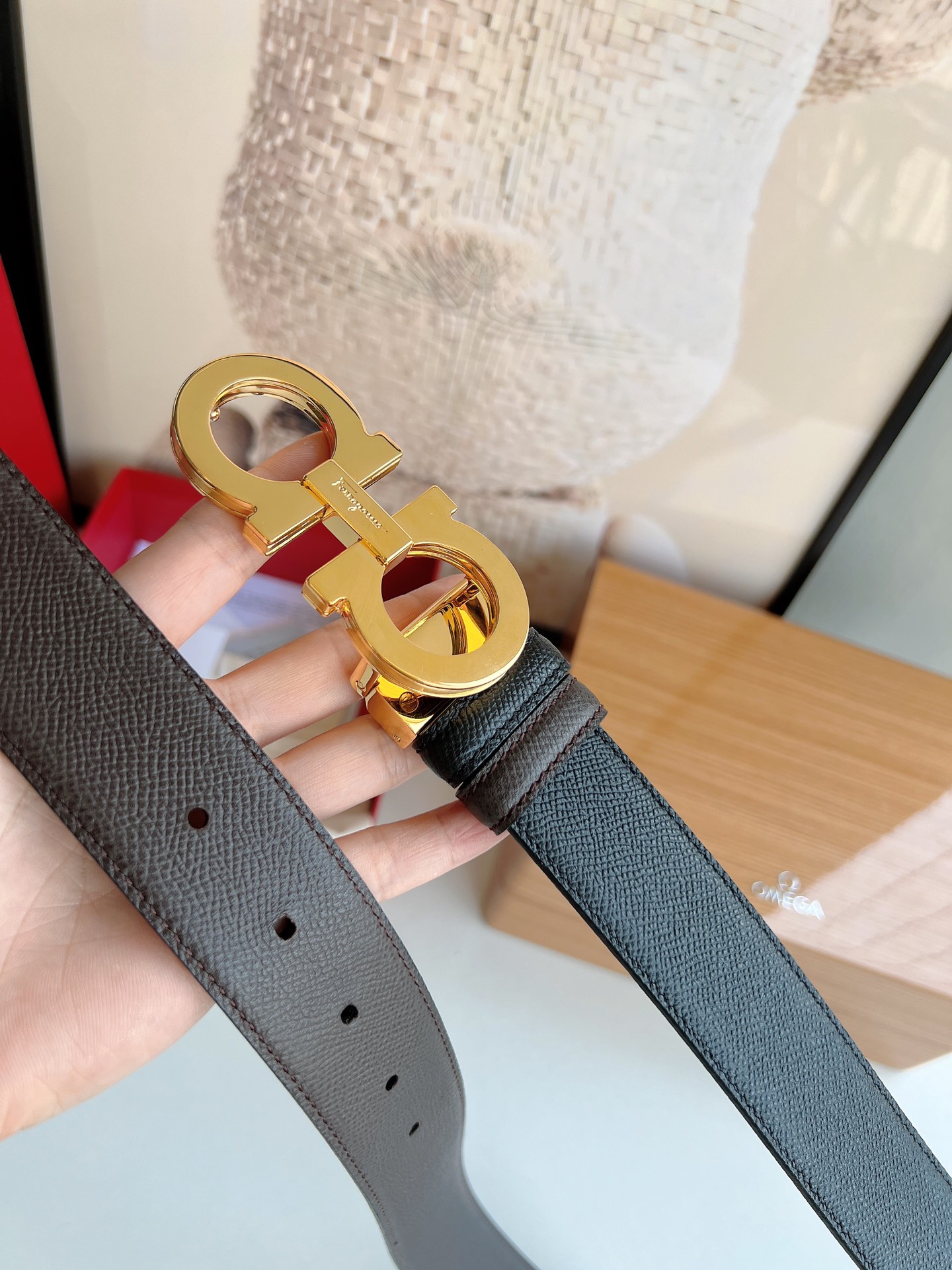 Ferragamo菲拉格慕   经典黑色咖啡三层夹心的金属扣男士3.5cm腰带