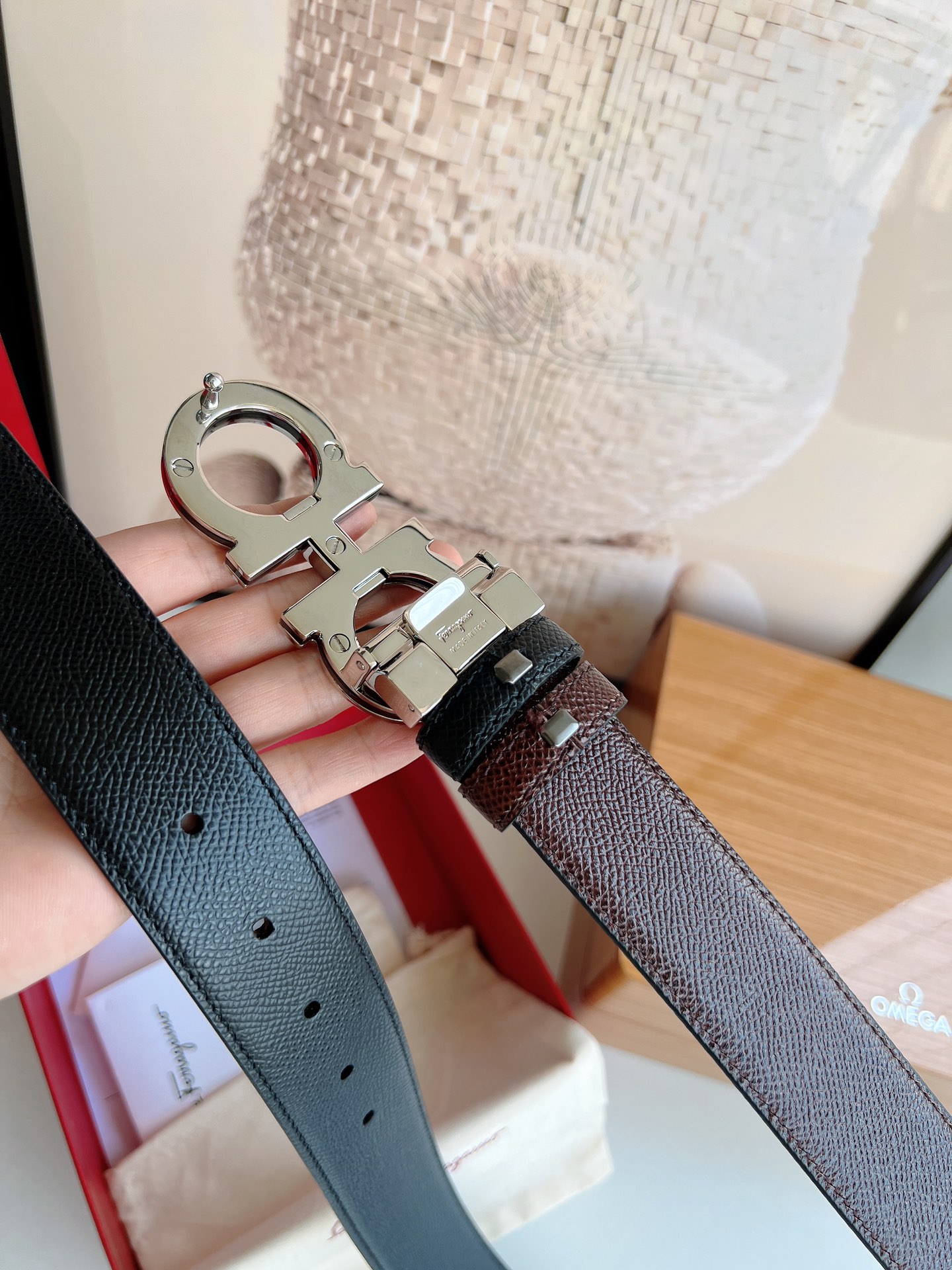 Ferragamo菲拉格慕   经典黑色咖啡三层夹心的金属扣男士3.5cm腰带