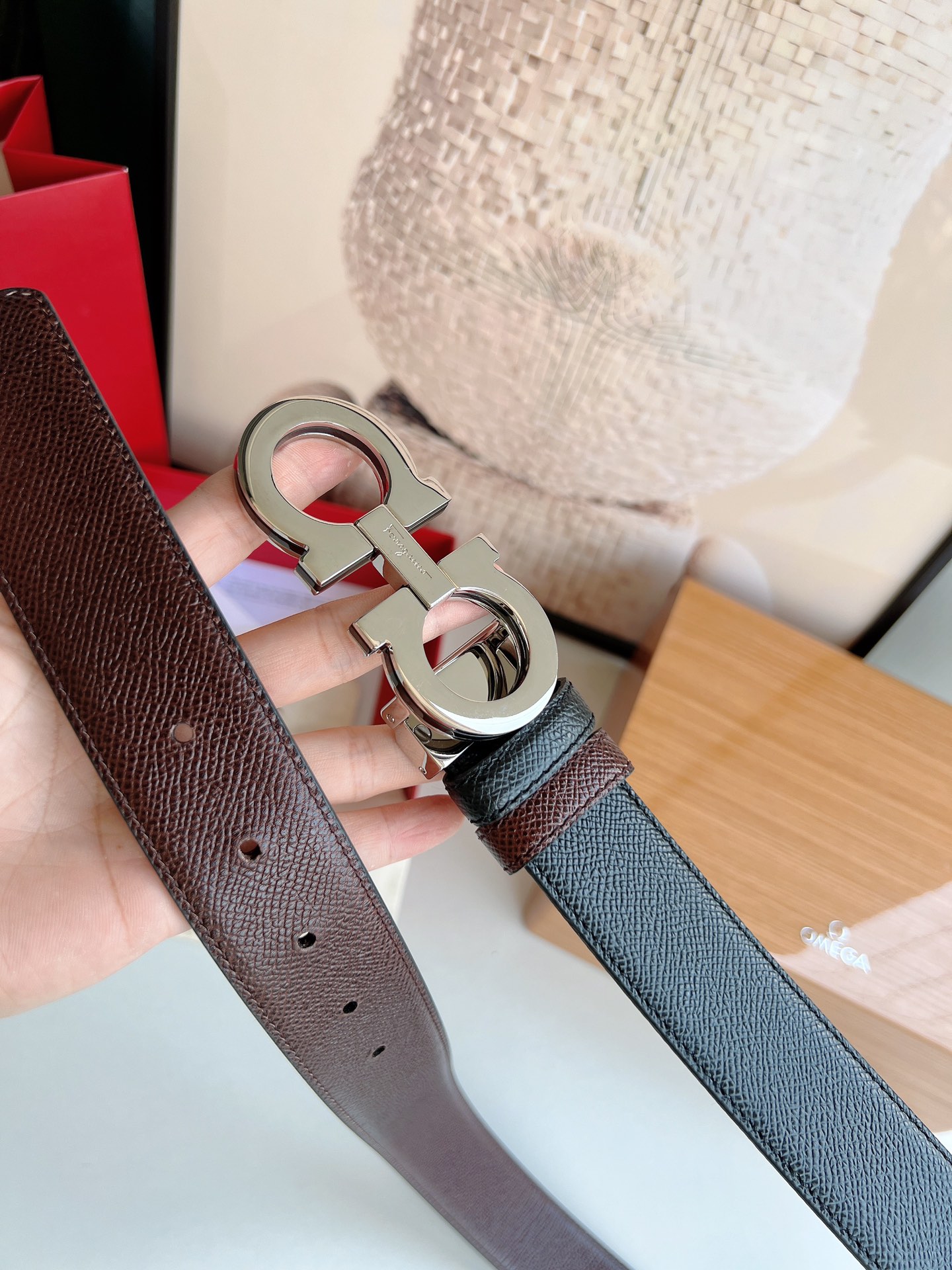 Ferragamo菲拉格慕   经典黑色咖啡三层夹心的金属扣男士3.5cm腰带