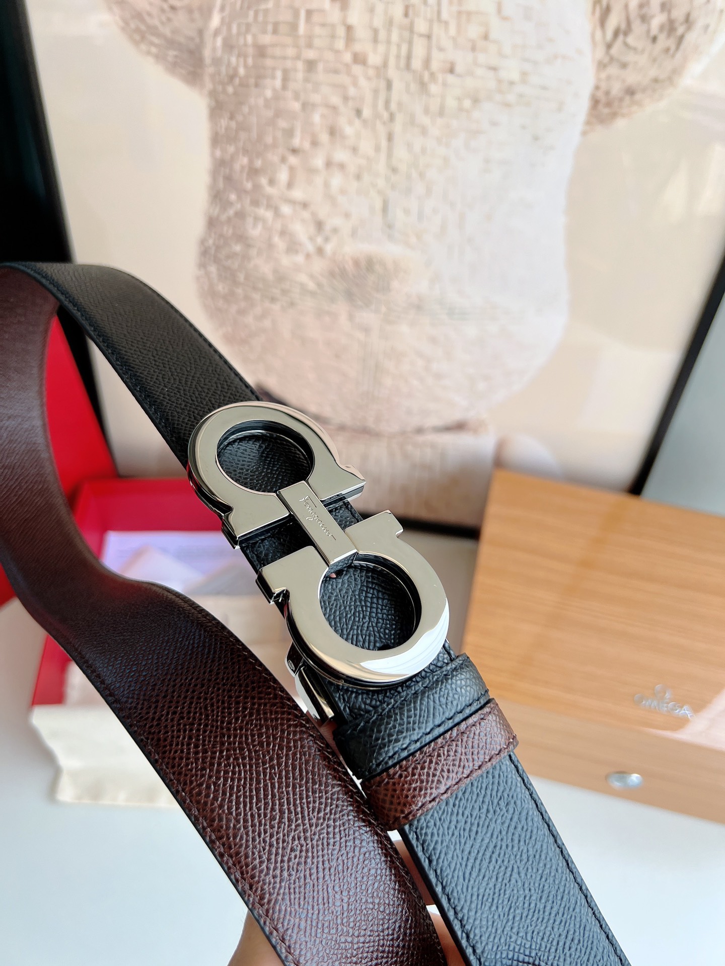 Ferragamo菲拉格慕   经典黑色咖啡三层夹心的金属扣男士3.5cm腰带