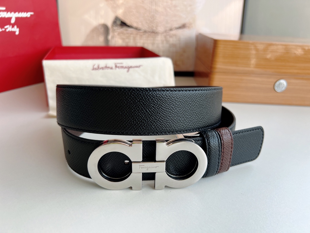 Ferragamo菲拉格慕   经典黑色咖啡三层夹心的金属扣男士3.5cm腰带