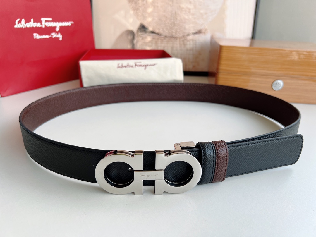 Ferragamo菲拉格慕   经典黑色咖啡三层夹心的金属扣男士3.5cm腰带