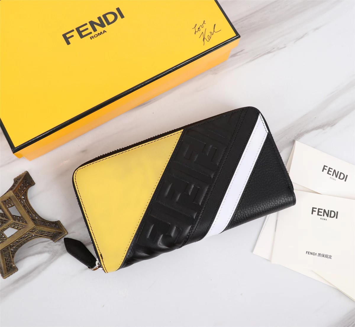 Fendi Wallet Black Lemon Yellow Lychee Pattern Cowhide Sheepskin Spring/Summer Collection